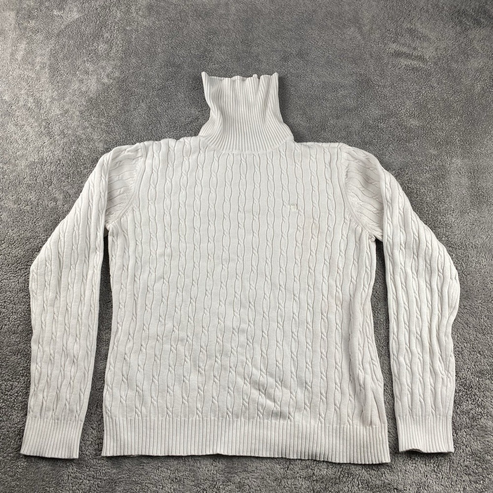 Izod Sweater Cable‎ Knit Womens Large White Long Sleeve High Collar
